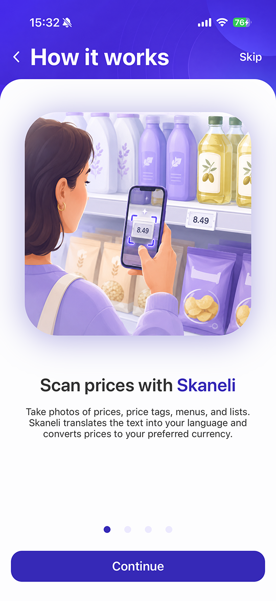The first Skaneli onboarding screen explaining how the app works