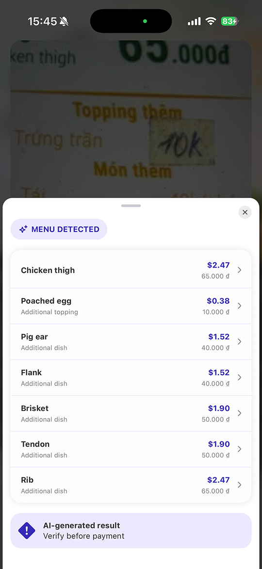 Recognized menu translated into English with dollar prices