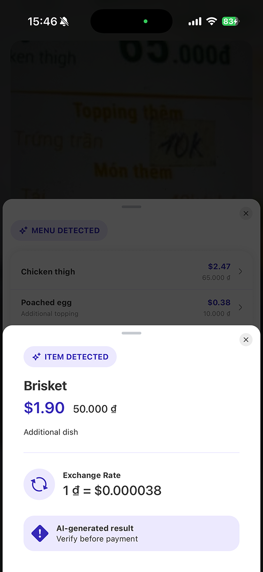 Recognized menu item with translated description and exchange rate