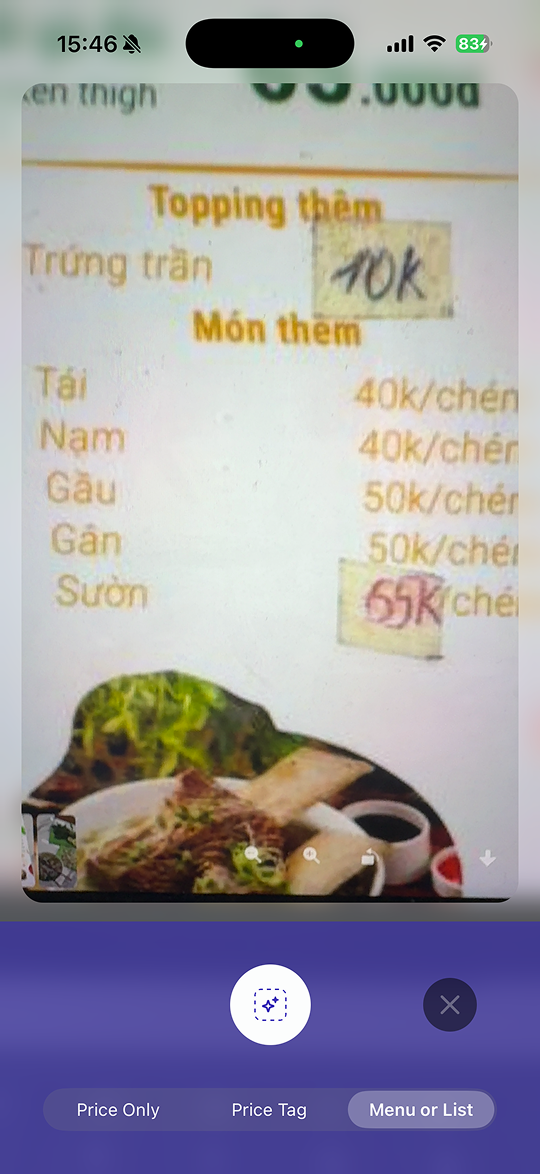 Skaneli camera scanning a Vietnamese menu